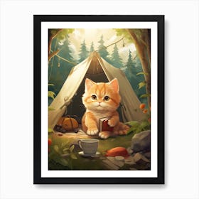 Kawaii Cat Drawings Camping 1 Art Print