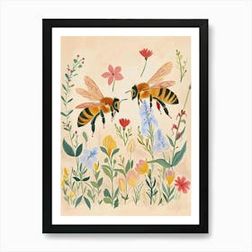 Folksy Floral Animal Drawing Bee Art Print