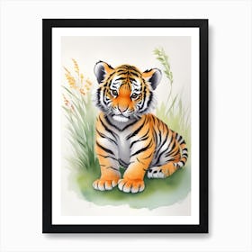 Tiger Cub Watercolor Floral Art Print