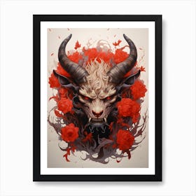Sinister Horned Demon With Red Roses Art Print