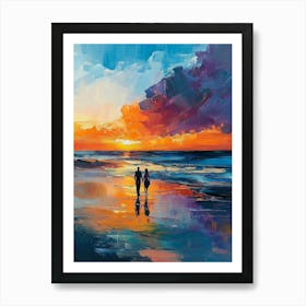 Painting Of A Couple Walking On The Beach At Sunset Art Print