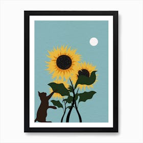 Vintage Minimal Art Cat Playing Sunflowers Art Print