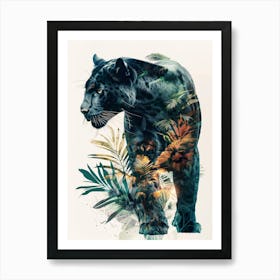 Double Exposure Realistic Black Panther With Jungle 21 Art Print