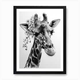 Giraffe With Their Head In The Flowers 4 Art Print