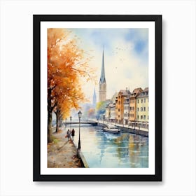 Zurich Switzerland In Autumn Fall, Watercolour 4 Art Print