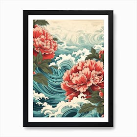 Great Wave With Peony Flower Drawing In The Style Of Ukiyo E 2 Art Print