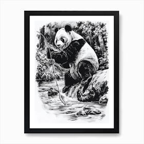 Giant Panda Fishing In A Stream Ink Illustration 2 Art Print