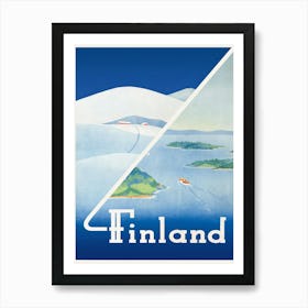 Finland. This vintage Finnish travel poster shows scenes from summer and winter. Circa 1948. Art Print