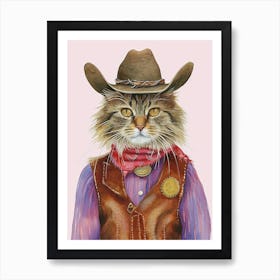 Brown Cat Cowboy Quirky Western Print Pet Decor 2 Art Print