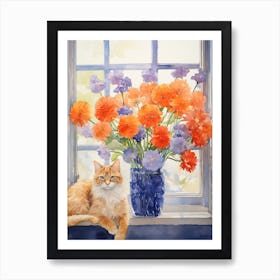 Cat With Anemone Flowers Watercolor Mothers Day Valentines 1 Art Print