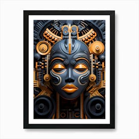 Techno Funk African Geometric Abstract Gold Blue Art Print