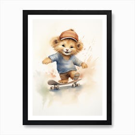 Skateboarding Watercolour Lion Art Painting 2 Art Print