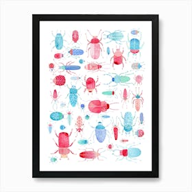 Beetles and Bugs Pink and Blue Watercolor Art Print