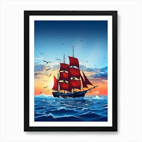 Sailing Ship At Sunset 1 Art Print