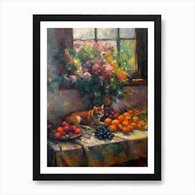 Flower Vase Statice With A Cat 2 Impressionism, Cezanne Style Art Print