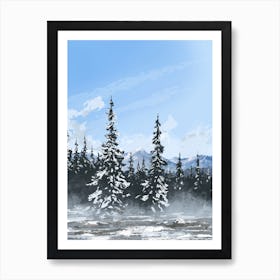 Snowy forest, mountains, trees, landscape, illustration, wall art  Art Print
