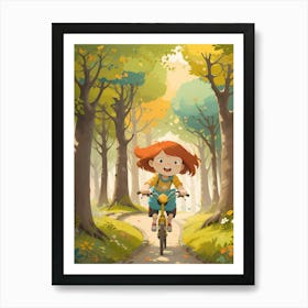 Girl Riding A Bike In The Forest Art Print