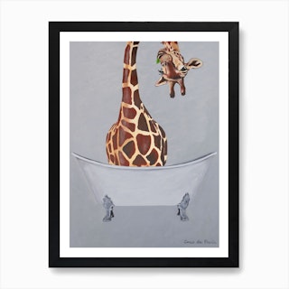 Giraffe In Bathtub Art Print