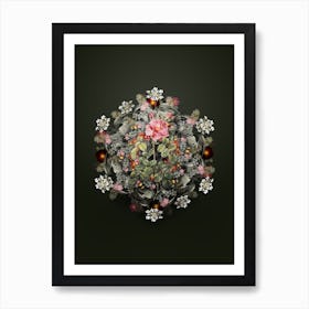 Vintage Four Seasons Rose in Bloom Flower Wreath on Olive Green n.1099 Art Print