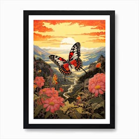 Butterfly With Mountaneous Landscape Japanese Style Painting 1 Art Print