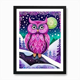 Pink Owl Snowy Landscape Painting (203) Art Print