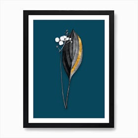 Vintage Bulltongue Arrowhead Black and White Gold Leaf Floral Art on Teal Blue n.1180 Art Print