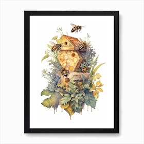 Common Carder Bee Beehive Watercolour Illustration 1 Art Print