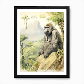 Storybook Animal Watercolour Mountain Gorilla 3 Art Print