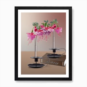 Pink Fuchsia Flowers In Glass Test Tubes With Candlesticks On A Brown Biology Book 1 Art Print