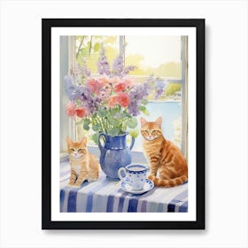 Cat With Lilly Of The Valley Flowers Watercolor Mothers Day Valentines 1 Art Print