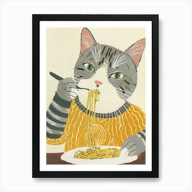 Grey White Cat Eating Pasta Folk Illustration 1 Art Print