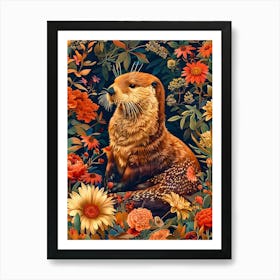 Otter In Flowers Inspired by William Morris Art Print