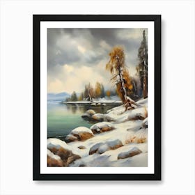 Ancient landscapes, old winter oil paintings and rocks around the lake bank. Snow is falling on the lake, old colors.10 Art Print