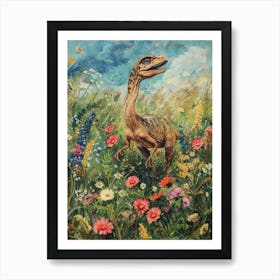 Dinosaur In A Floral Meadow Vintage Storybook Painting 2 Art Print