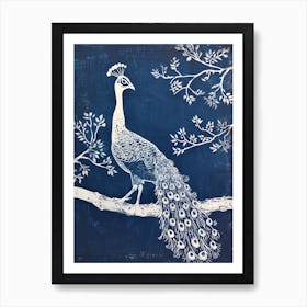 Navy Blue Linocut Inspired Peacock In A Tree 4 Art Print