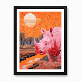 Abstract Linocut Inspired Orange Rhino 2 Art Print