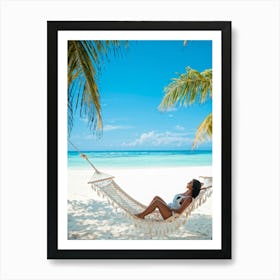 Content Woman Sprawls On A Pristine Tropical Beach Soft White Sands Adorned With Delicate Seashells (1) Art Print