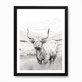 Simple Illustration Of Highland Cow Black & White Art Print