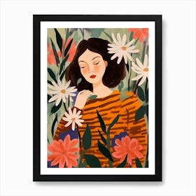 Woman With Autumnal Flowers Bee Balm 1 Art Print