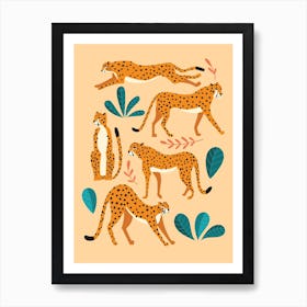 Cheetahs And Florals On Beige Art Print