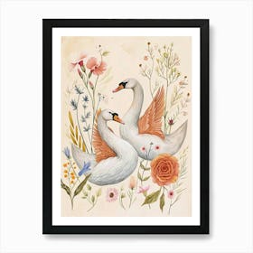 Folksy Floral Animal Drawing Swan 2 Art Print