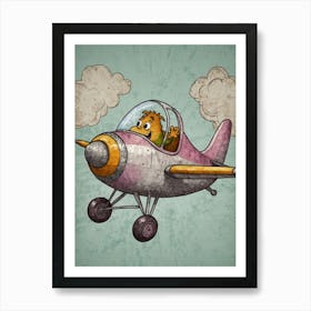 Cartoon Teddy Bear Flying Airplane Art Print