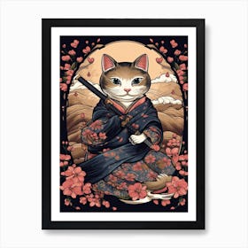 Cute Samurai Cat In The Style Of William Morris 2 Poster