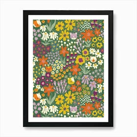 Happy Cats Hiding in the Flower Field - Orange, Yellow, Purple, on Green Kids Art Print