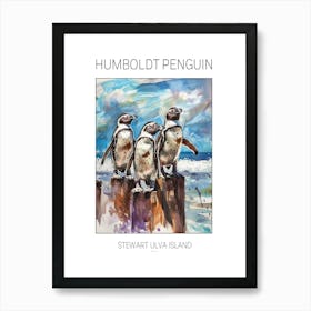 Humboldt Penguin Stewart Island Ulva Island Watercolour Painting 3 Poster Art Print