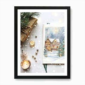 Journal Open To A Decorated Page Watercolor Christmas Holiday Scene Featuring A Cozy Cottage Adorne Art Print