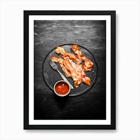 Fried bacon, tomato sauce — Food kitchen poster/blackboard, photo art Art Print