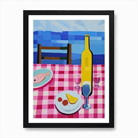 Painting Of A Table With Food And Wine, French Riviera View, Checkered Cloth, Matisse Style 7 Art Print