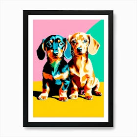 'Dachshund Pups', This Contemporary art brings POP Art and Flat Vector Art Together, Colorful Art, Animal Art, Home Decor, Kids Room Decor, Puppy Bank - 43rd Art Print