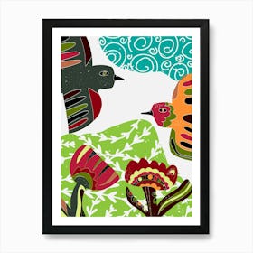 stylized birds and flowers folk art motifs Art Print